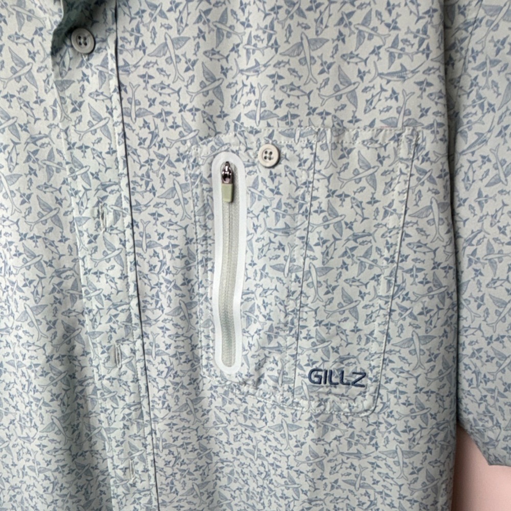 GILLZ Men's Light Blue Fish Pattern Polo Shirt L Zipper Pocket Button Breathable - Picture 3 of 8